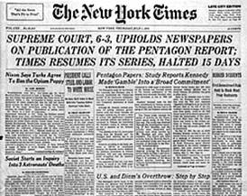 New York Times 1971 front page: U.S. Supreme Cout, 6-3, Upholds Newspapers on Publication of the Pentagon Report [newaper front page]